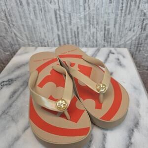 TORY BURCH Rubber Gold/ Red LOGO WIDE FLIP FLOP SANDALS Sz 6.5 Women's